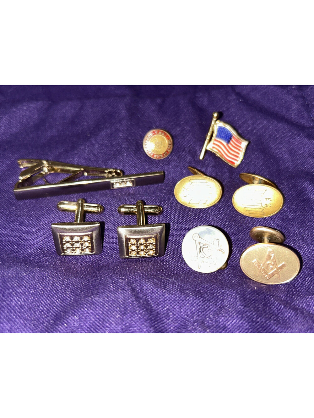 Vintage Masonic Mens Jewelry Set Cufflinks Tie Clip Lapel Pins Enamel Gold Tone
